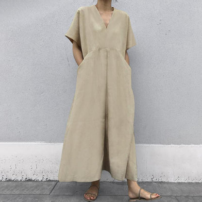 Solid Color And V-neck Big Pocket Dress Short Sleeve Cotton And Linen