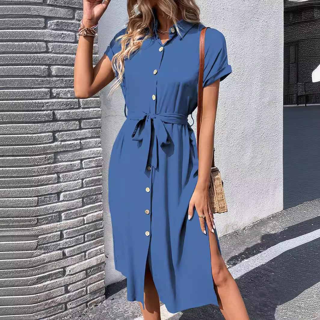 European And American Lapel Tied Solid Color Dress