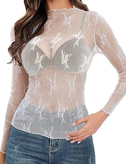 Women's Lace Blouse Long Sleeve Transparent Shirt