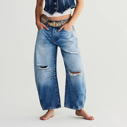 Women's Retro Distressed Washed Blue Hip Hop