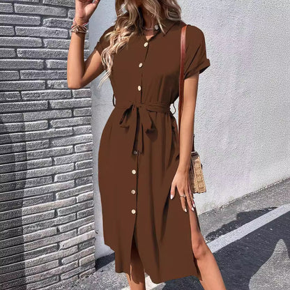 European And American Lapel Tied Solid Color Dress