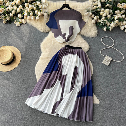 Stretch Short-sleeved Top High Waist Pleated Skirt Two-piece Set