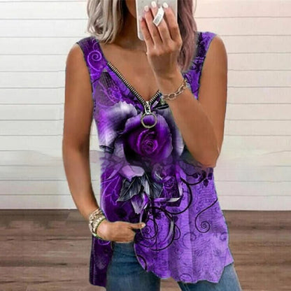 Summer New Fashion Women's V-neck Zipper Rose Print Casual Vest