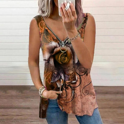 Summer New Fashion Women's V-neck Zipper Rose Print Casual Vest