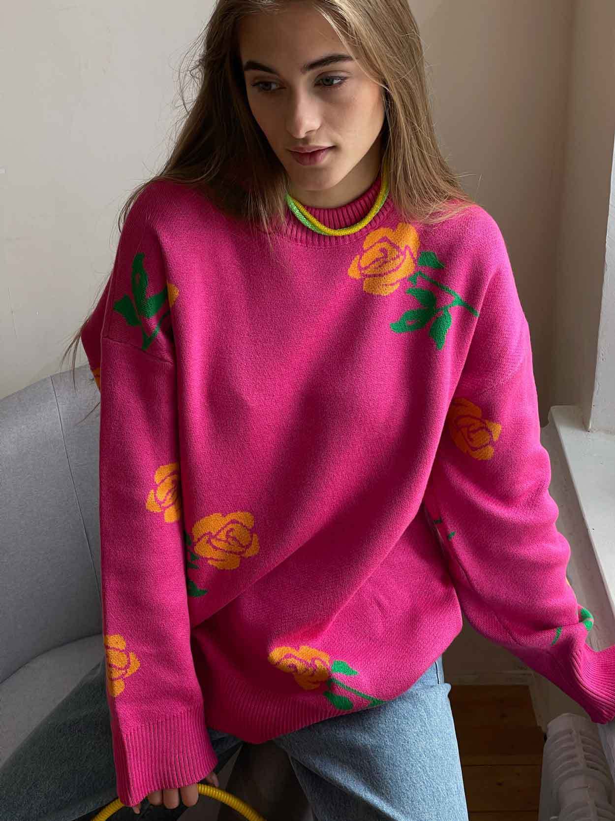 Women's Round Neck Rose Printed Sweater Sweater