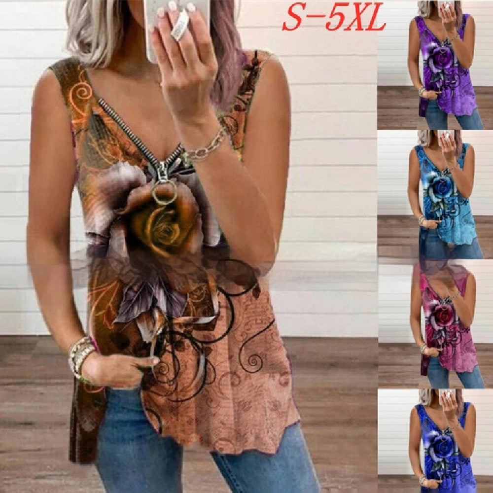 Summer New Fashion Women's V-neck Zipper Rose Print Casual Vest