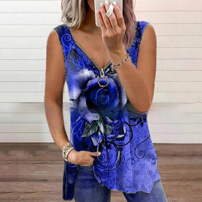 Summer New Fashion Women's V-neck Zipper Rose Print Casual Vest