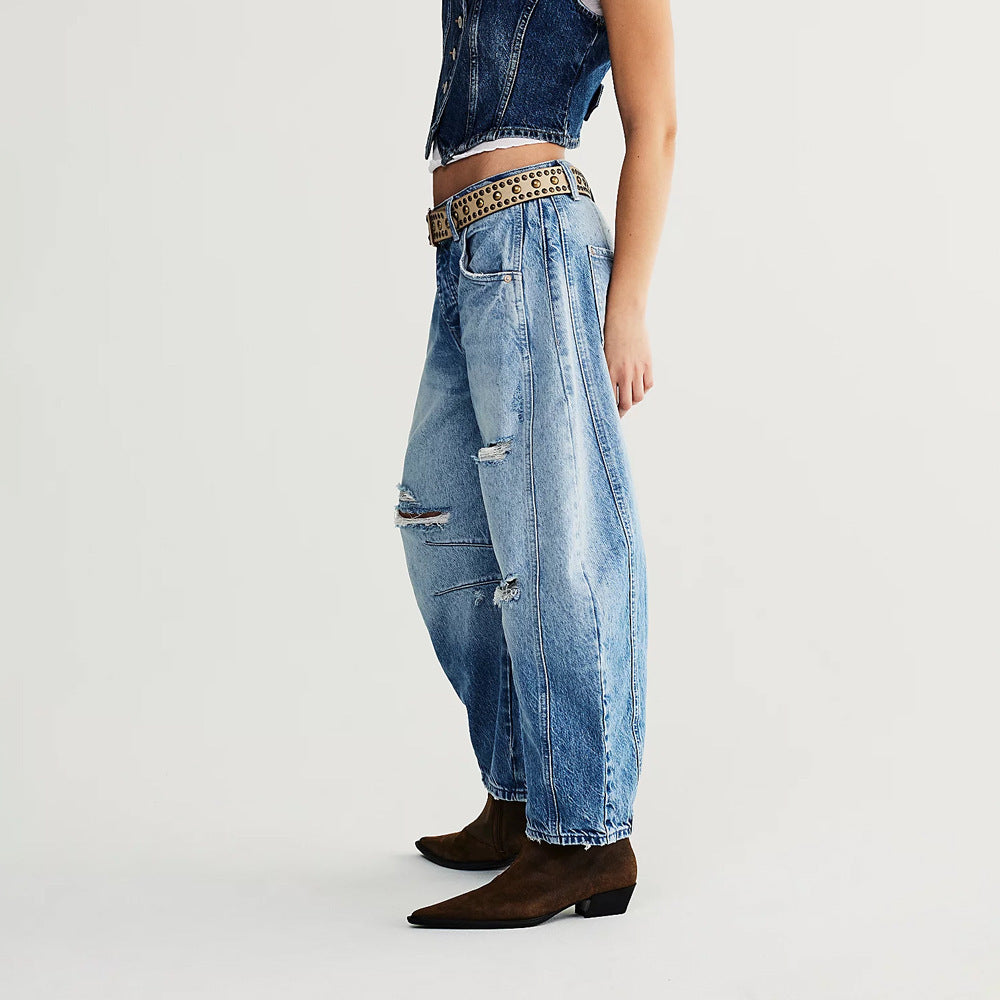 Women's Retro Distressed Washed Blue Hip Hop