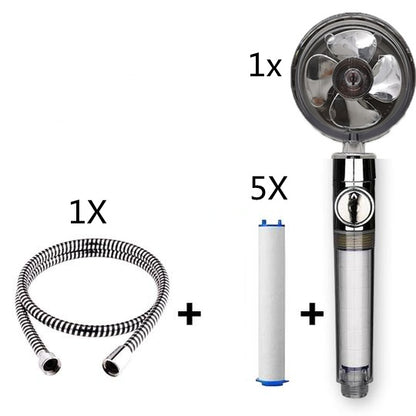 Propeller Driven Shower Head With Stop Button And Cotton Filter Turbocharged High Pressure Handheld Shower Nozzle