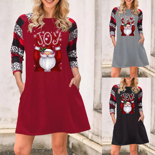 Women's Fashion Round Neck Santa Claus Letter Print Dress