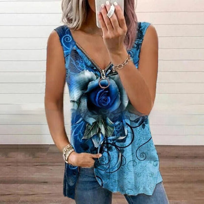 Summer New Fashion Women's V-neck Zipper Rose Print Casual Vest