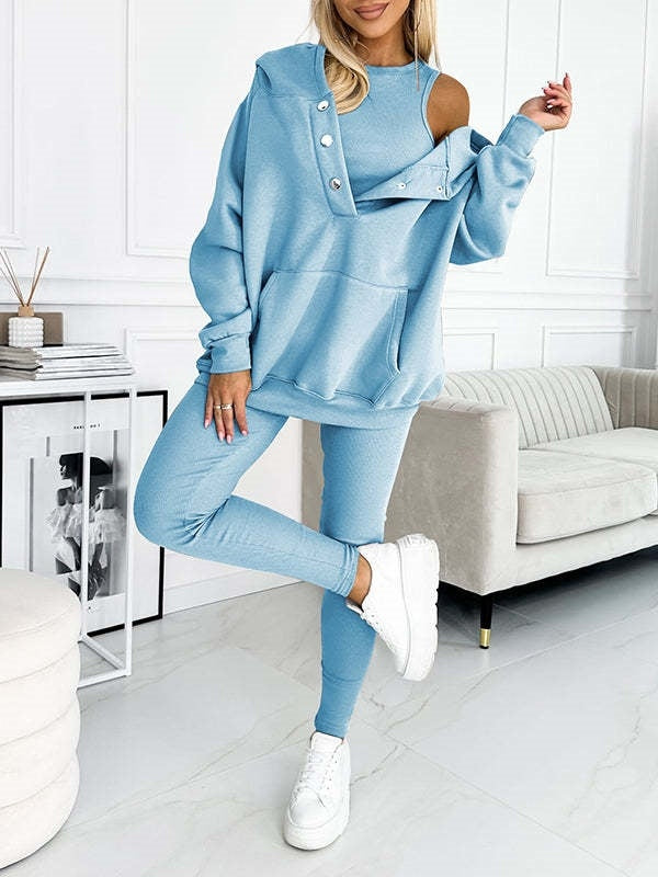 Athleisure Hoodie With Thick Thread Slim-fit Vest Pants Three Pieces Set