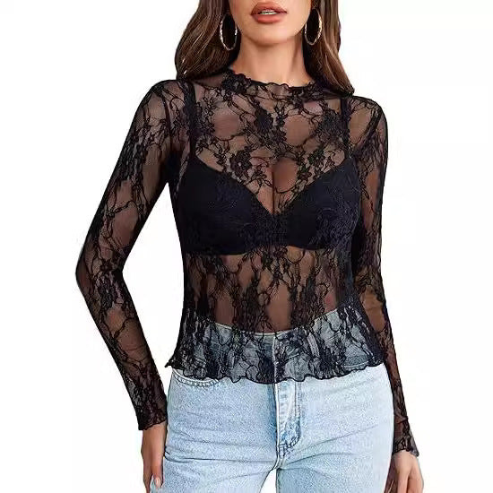 Women's Lace Blouse Long Sleeve Transparent Shirt