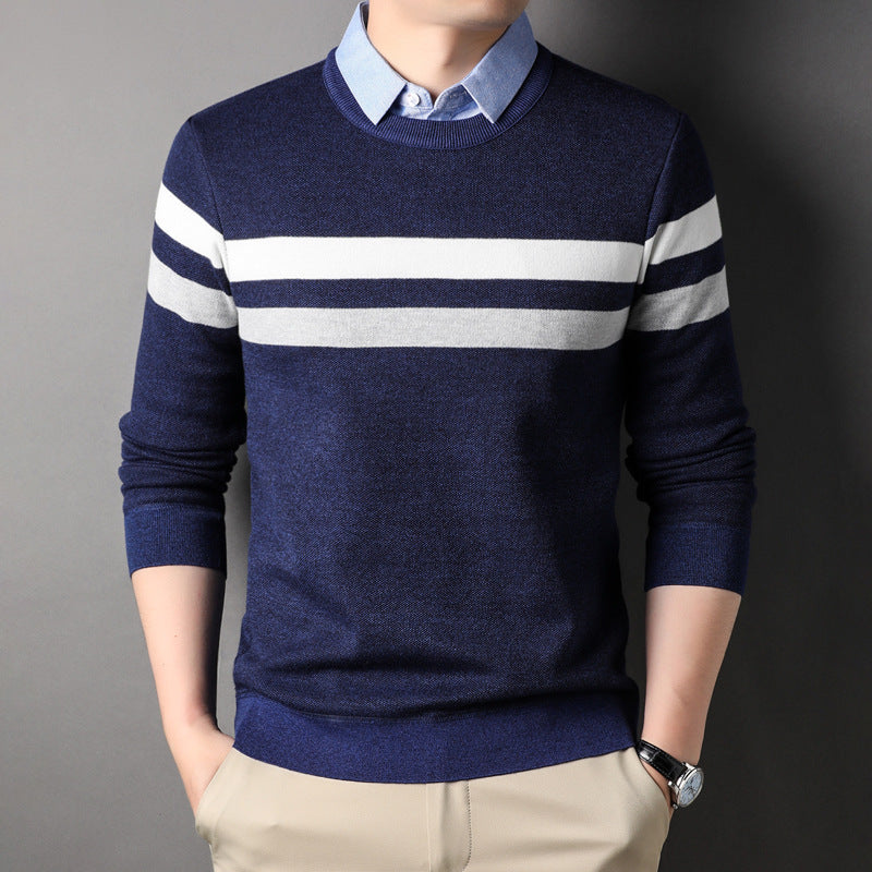 Men's False Two Pieces Shirt Collar Striped Sweater