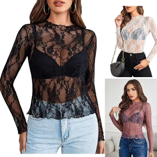 Women's Lace Blouse Long Sleeve Transparent Shirt