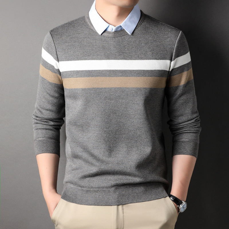 Men's False Two Pieces Shirt Collar Striped Sweater