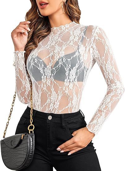 Women's Lace Blouse Long Sleeve Transparent Shirt