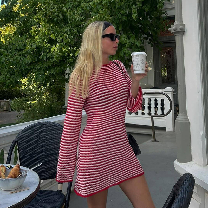 Striped Contrast Color Round Neck Long Sleeve Slim Fit Dress