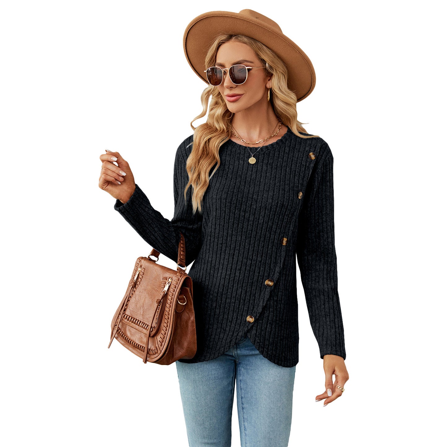 Women's Long-sleeved Round Neck Tulip Hem Bottoming Shirt T-shirt