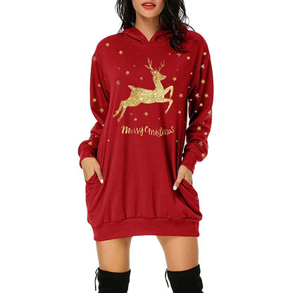 Christmas hot sale printed mid-length pocket hooded long-sleeved sweater