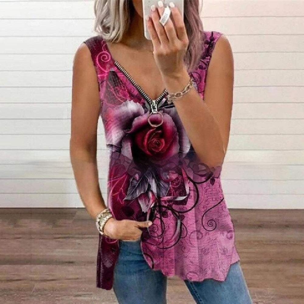 Summer New Fashion Women's V-neck Zipper Rose Print Casual Vest