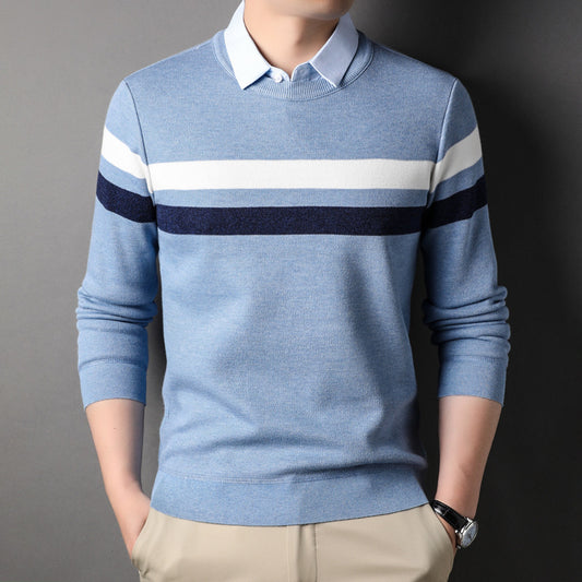 Men's False Two Pieces Shirt Collar Striped Sweater