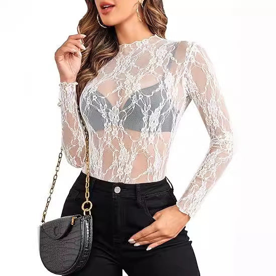 Women's Lace Blouse Long Sleeve Transparent Shirt