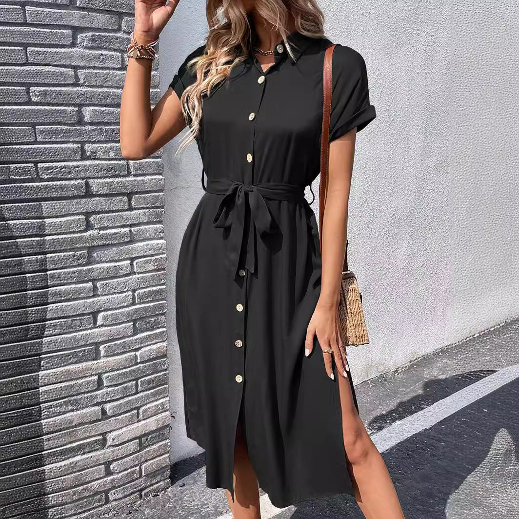 European And American Lapel Tied Solid Color Dress