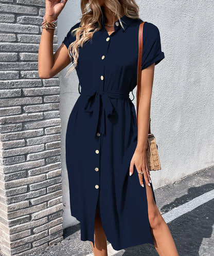 European And American Lapel Tied Solid Color Dress