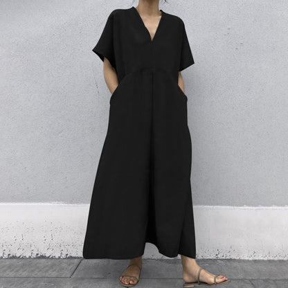 Solid Color And V-neck Big Pocket Dress Short Sleeve Cotton And Linen