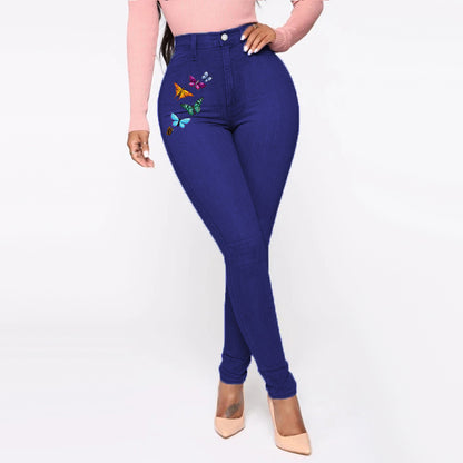 Printed Butterfly Jeans Women's European And American Style Trousers High Waist