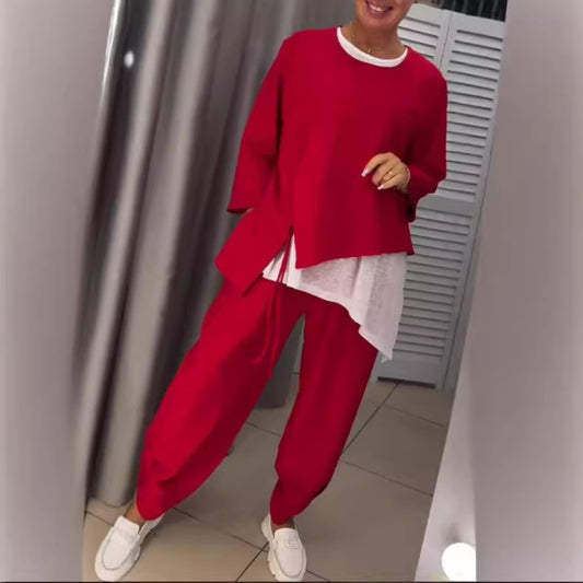 Round Neck Irregular Long Sleeve Trousers Suit