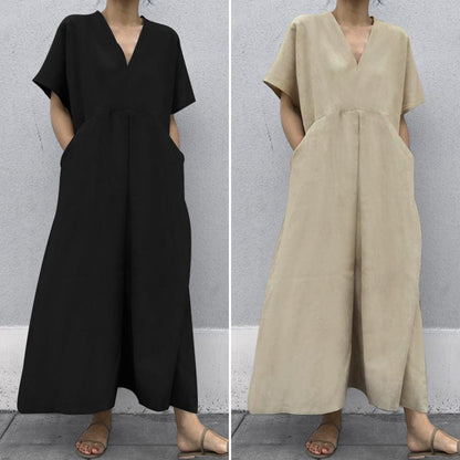 Solid Color And V-neck Big Pocket Dress Short Sleeve Cotton And Linen