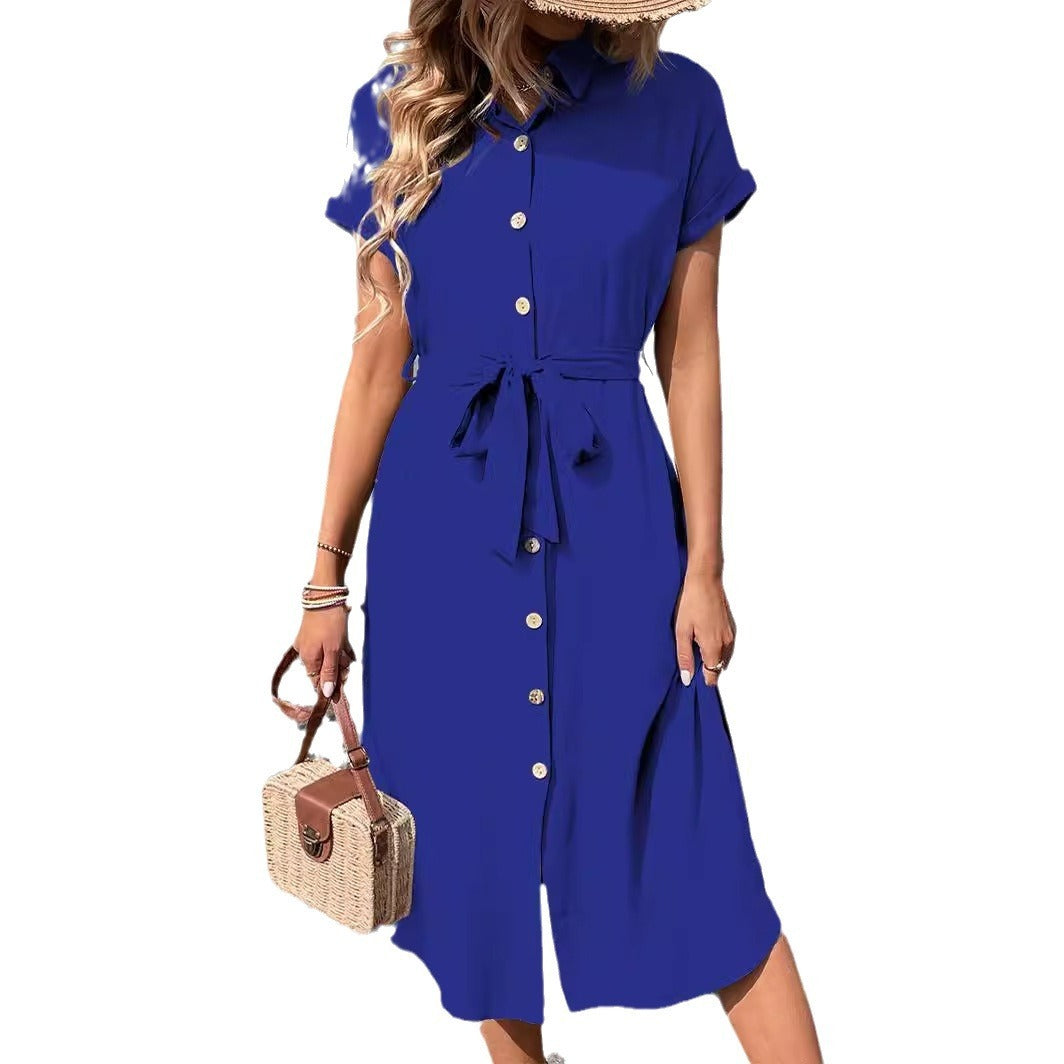 European And American Lapel Tied Solid Color Dress