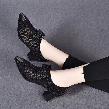 Rhinestone hollow chunky heel shoes