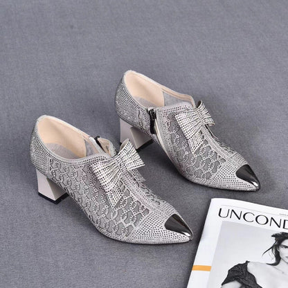 Rhinestone hollow chunky heel shoes