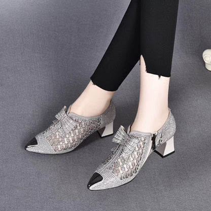 Rhinestone hollow chunky heel shoes