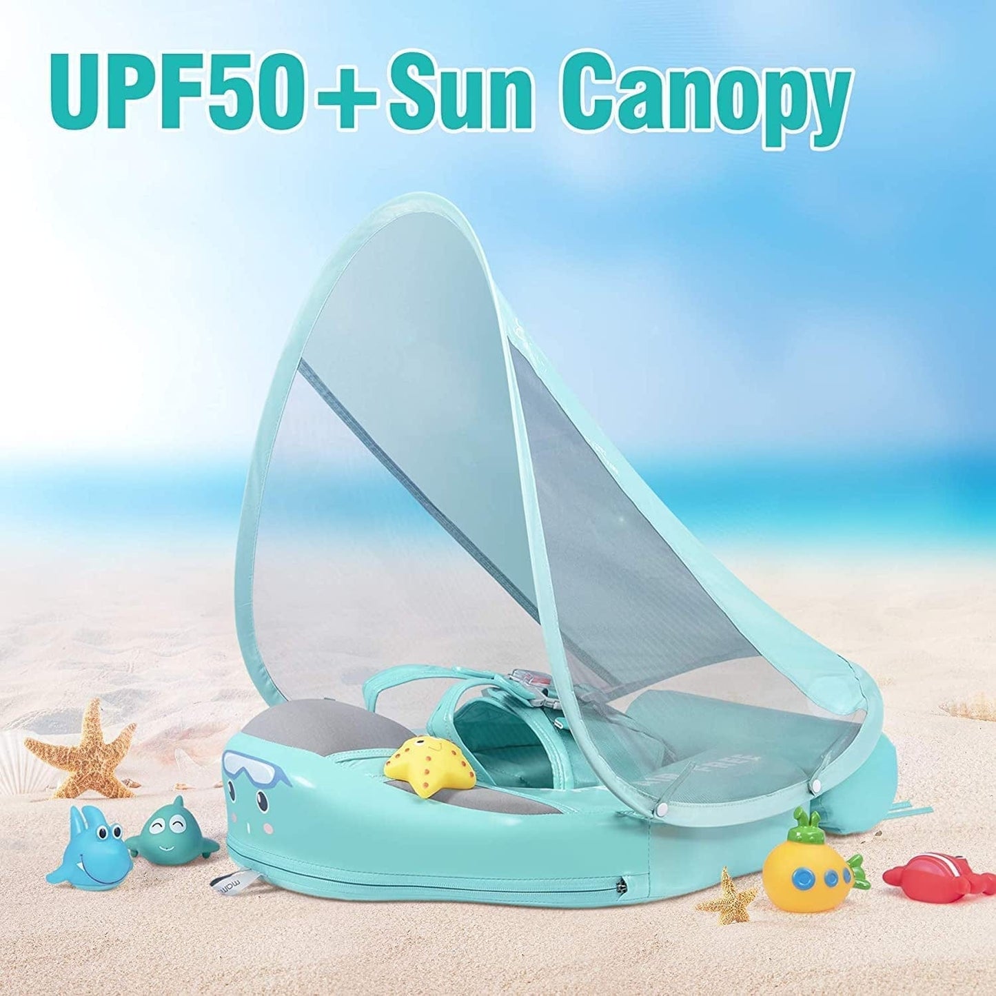 Baby Pool Float 3 Months-3 Years, Baby Float with Canopy, Tail and Harness, Non-Inflatable Infant Pool Float with Sunshade, Waterproof and Quick Drying, Suitable for Pool, Sea.
