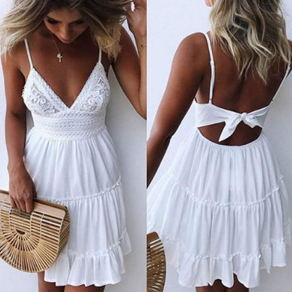 Bow Backless V-neck Mini Beach Dress