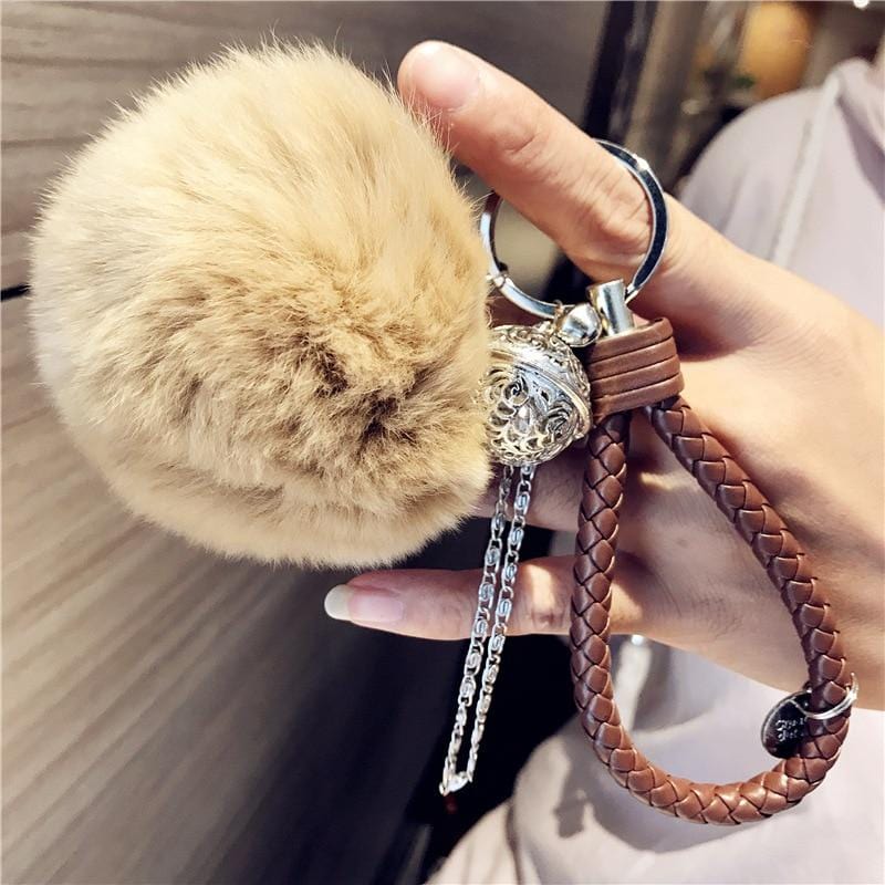 Fluffy Real Rabbit Fur Keychain Pompom Ball Leather Key Ring Holders Charm Women Bag Car Pendant Jewelry Trinket Accessories