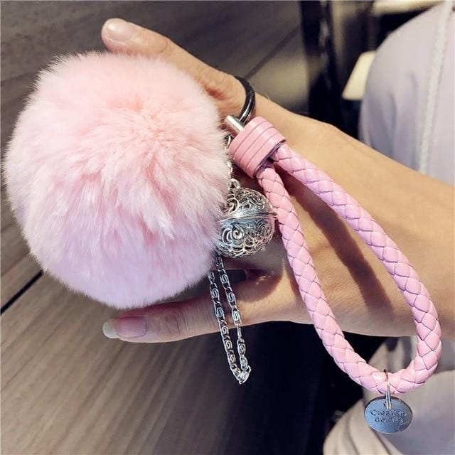 Fluffy Real Rabbit Fur Keychain Pompom Ball Leather Key Ring Holders Charm Women Bag Car Pendant Jewelry Trinket Accessories