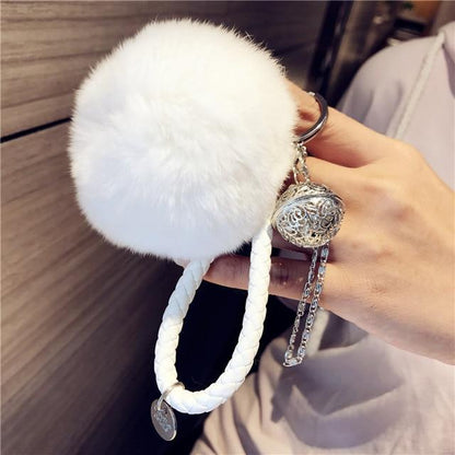 Fluffy Real Rabbit Fur Keychain Pompom Ball Leather Key Ring Holders Charm Women Bag Car Pendant Jewelry Trinket Accessories