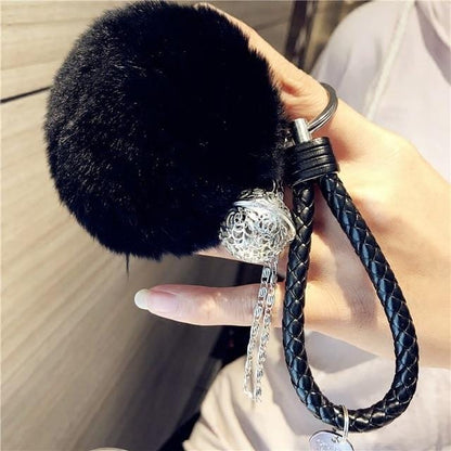 Fluffy Real Rabbit Fur Keychain Pompom Ball Leather Key Ring Holders Charm Women Bag Car Pendant Jewelry Trinket Accessories