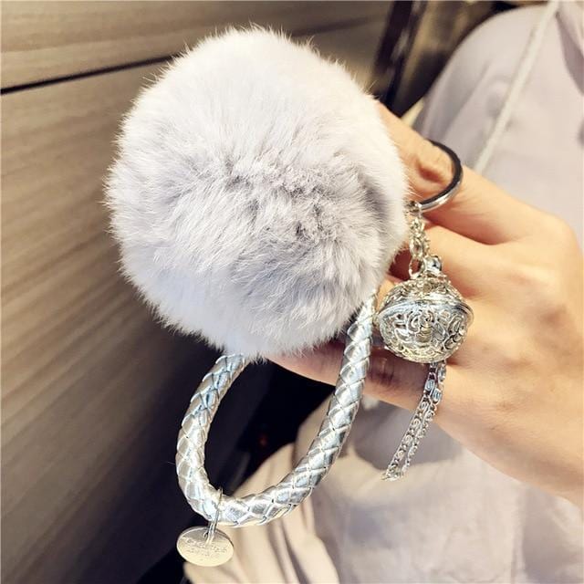 Fluffy Real Rabbit Fur Keychain Pompom Ball Leather Key Ring Holders Charm Women Bag Car Pendant Jewelry Trinket Accessories