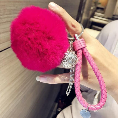 Fluffy Real Rabbit Fur Keychain Pompom Ball Leather Key Ring Holders Charm Women Bag Car Pendant Jewelry Trinket Accessories