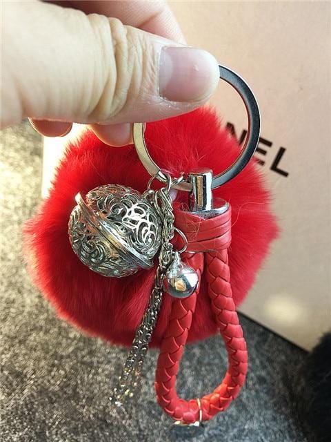 Fluffy Real Rabbit Fur Keychain Pompom Ball Leather Key Ring Holders Charm Women Bag Car Pendant Jewelry Trinket Accessories