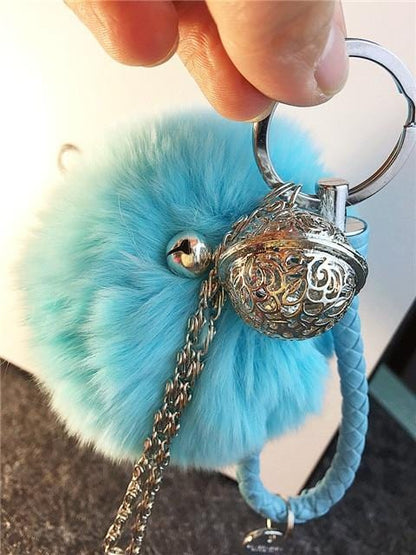 Fluffy Real Rabbit Fur Keychain Pompom Ball Leather Key Ring Holders Charm Women Bag Car Pendant Jewelry Trinket Accessories