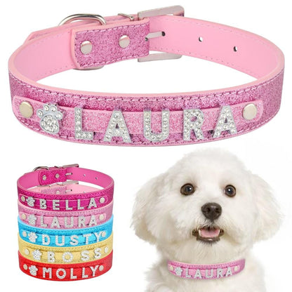 Personalized Dog Collar Leather Rhinestone Bling Charms Custom Pet Dogs Cat Name