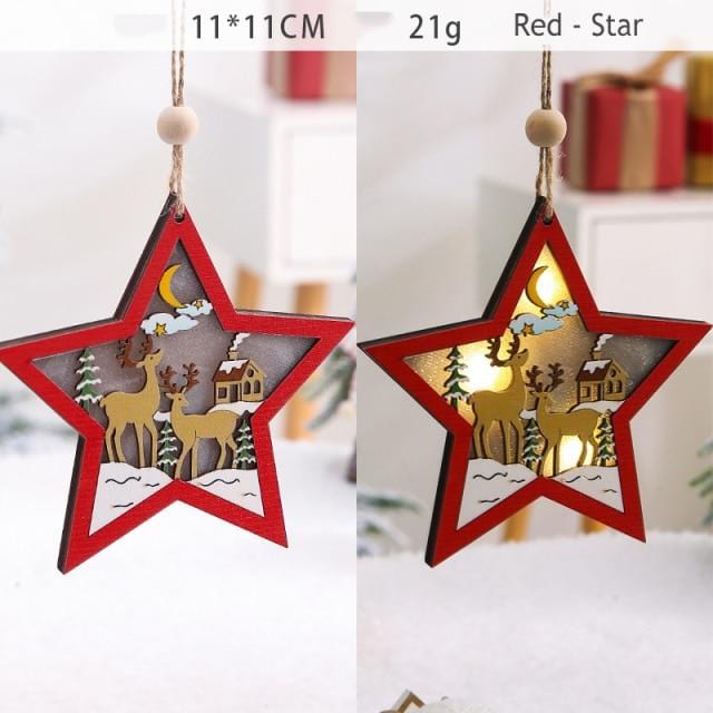 LED Light Christmas Tree Ornaments Star Car Wooden Hanging Pendants Christmas Decorations For Home Party Kids Gifts Wood Crafts